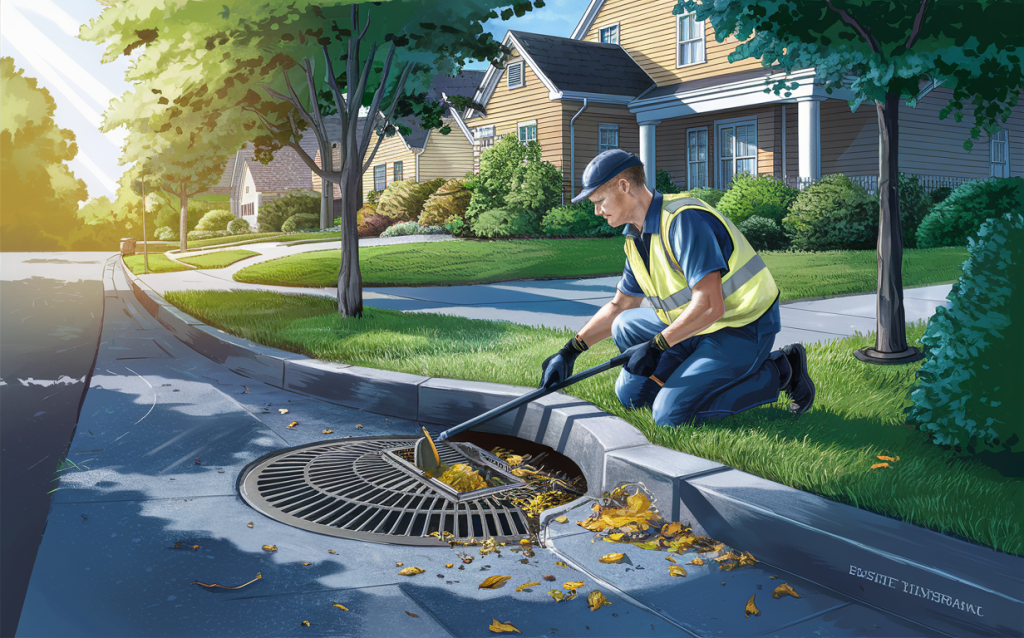 A worker wearing a high-visibility safety vest is clearing leaves and debris from a storm drain grate on a residential street, helping to maintain proper drainage and protect nearby homes from potential flooding.