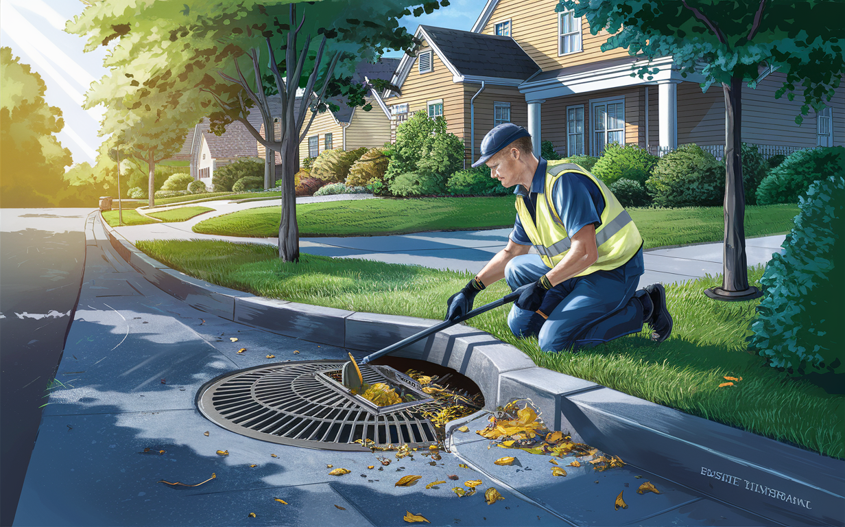 A municipal worker in a high-visibility vest clearing leaves and debris from a roadside catch basin grate using a rake in a residential neighborhood with well-maintained homes and trees