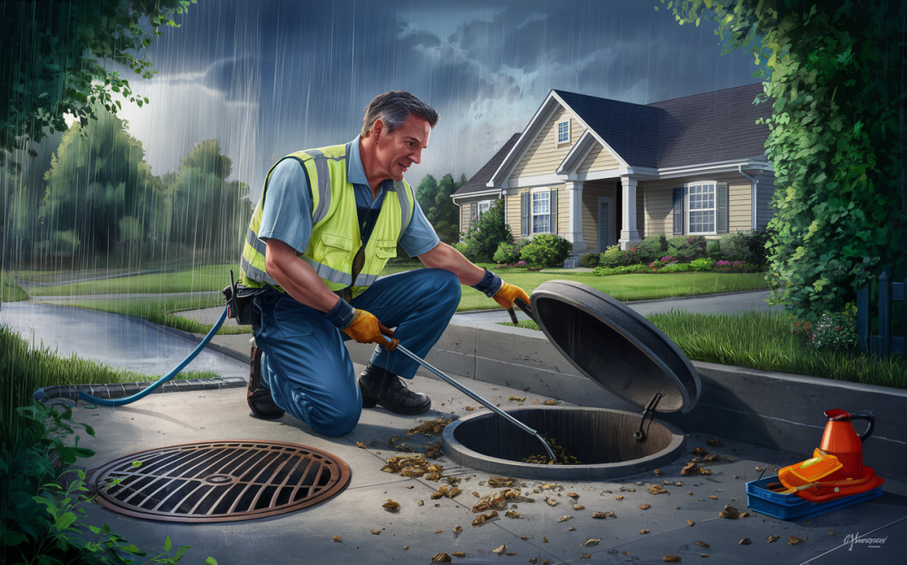 A municipal worker cleans out a clogged storm drain catch basin during a heavy rainstorm to prevent flooding around a residential home. Septic tank cleaning frequency