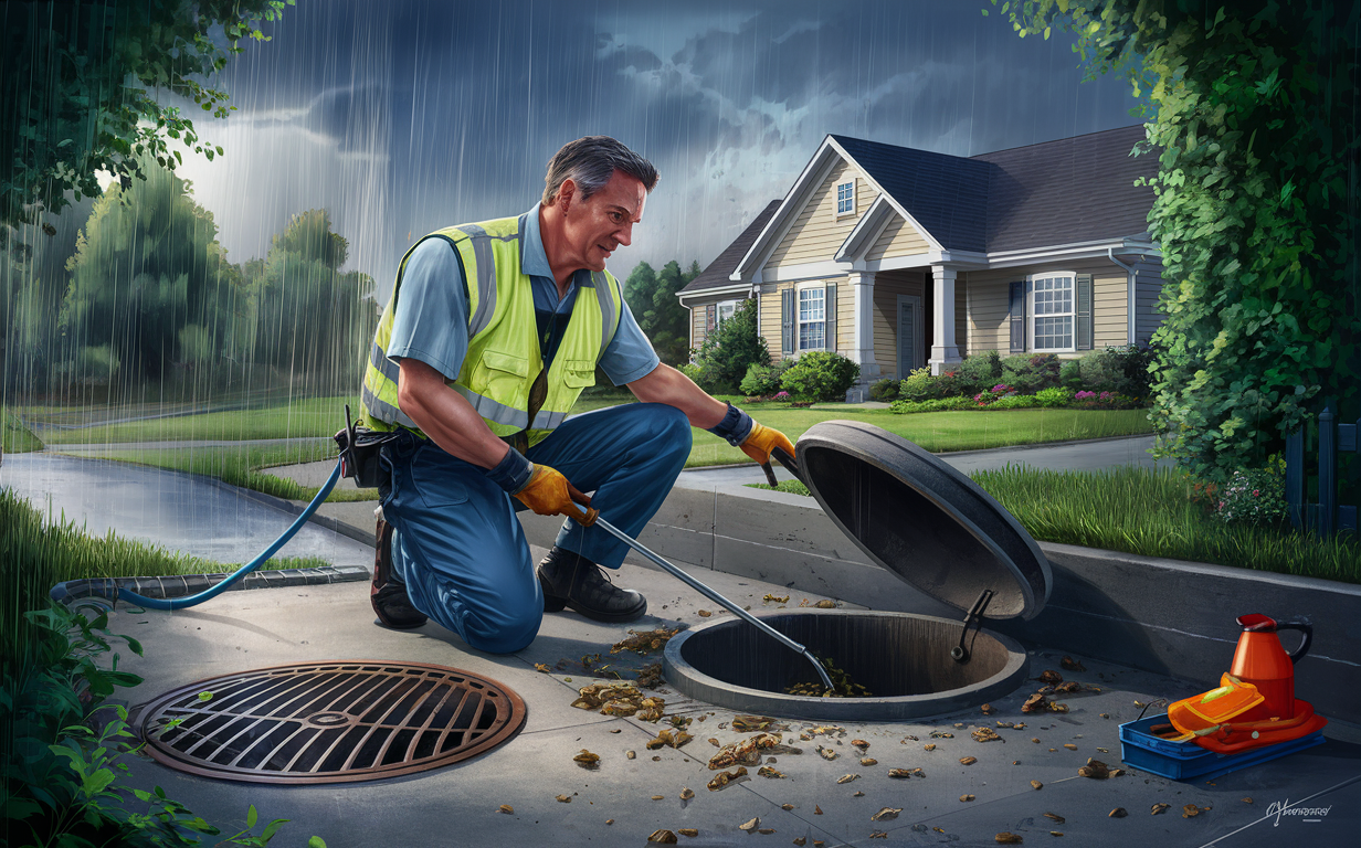 A municipal worker clearing debris from a catch basin during a rainstorm to prevent flooding in a residential neighborhood.