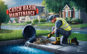 An illustration depicting a worker in a safety vest and boots clearing debris from a catch basin with a tool, while rain pours down in a residential neighborhood with houses in the background and the text 'Catch Basin Maintenance' displayed prominently.