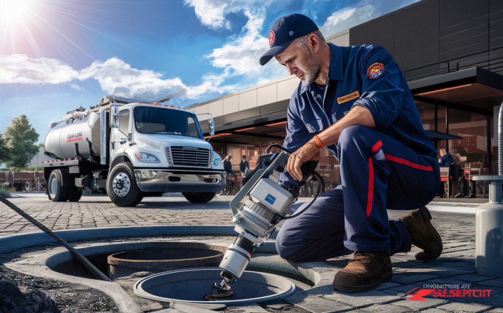 A technician in uniform servicing a commercial septic tank system with a truck in the background. Dose pump repairs and replacement. Septic tank cleaning frequency