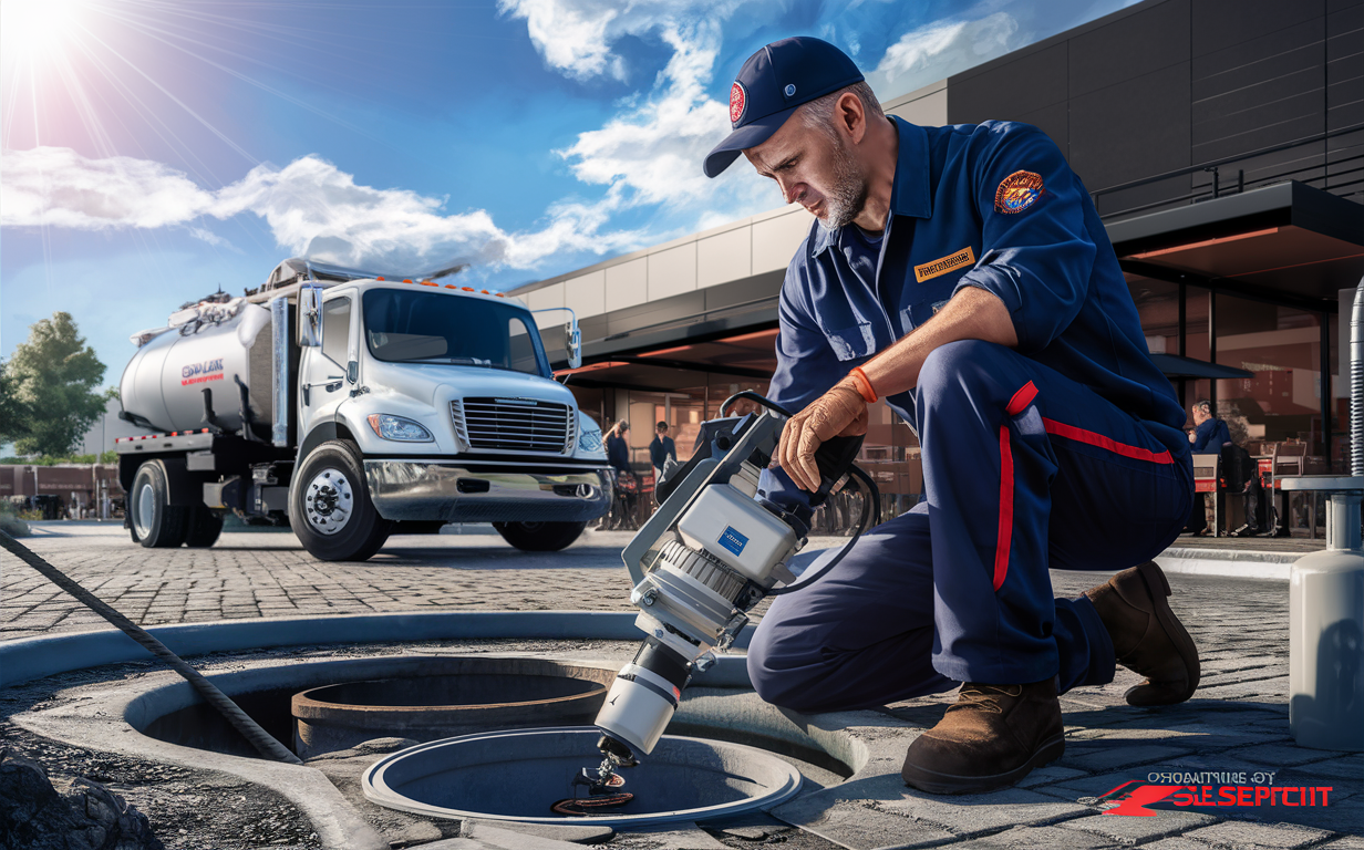 A professional septic technician wearing a uniform crouches down to service a commercial septic system with a tanker truck in the background