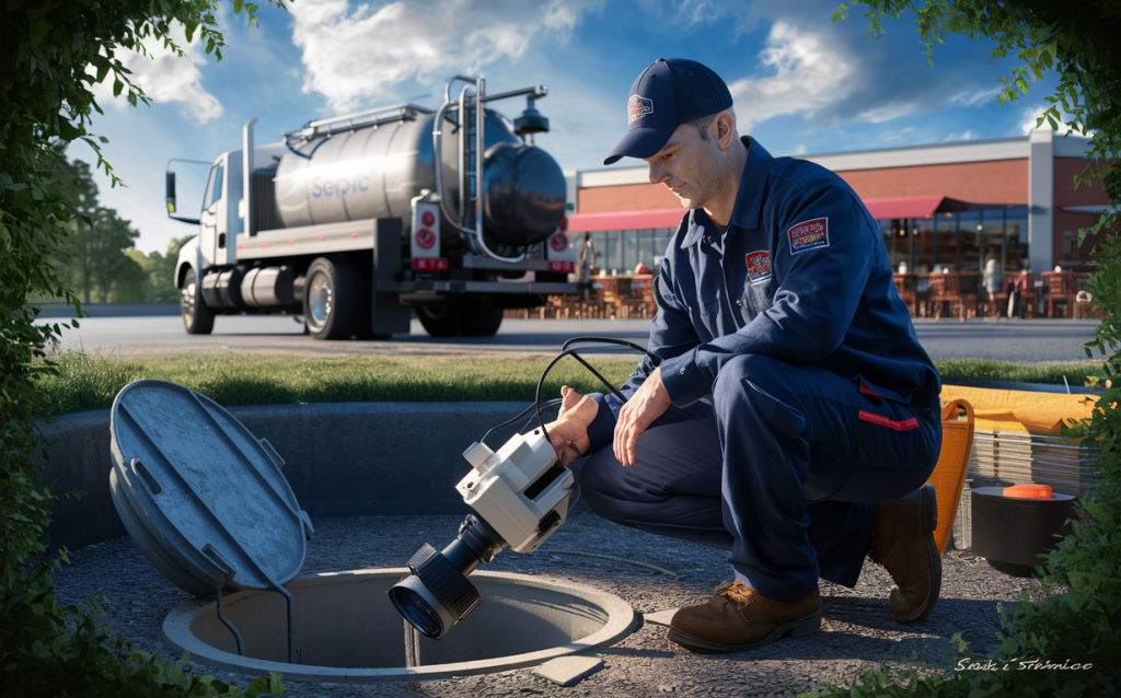 A technician in a uniform inspecting a septic tank while a commercial septic service truck is parked nearby. Dose pump repairs and replacement