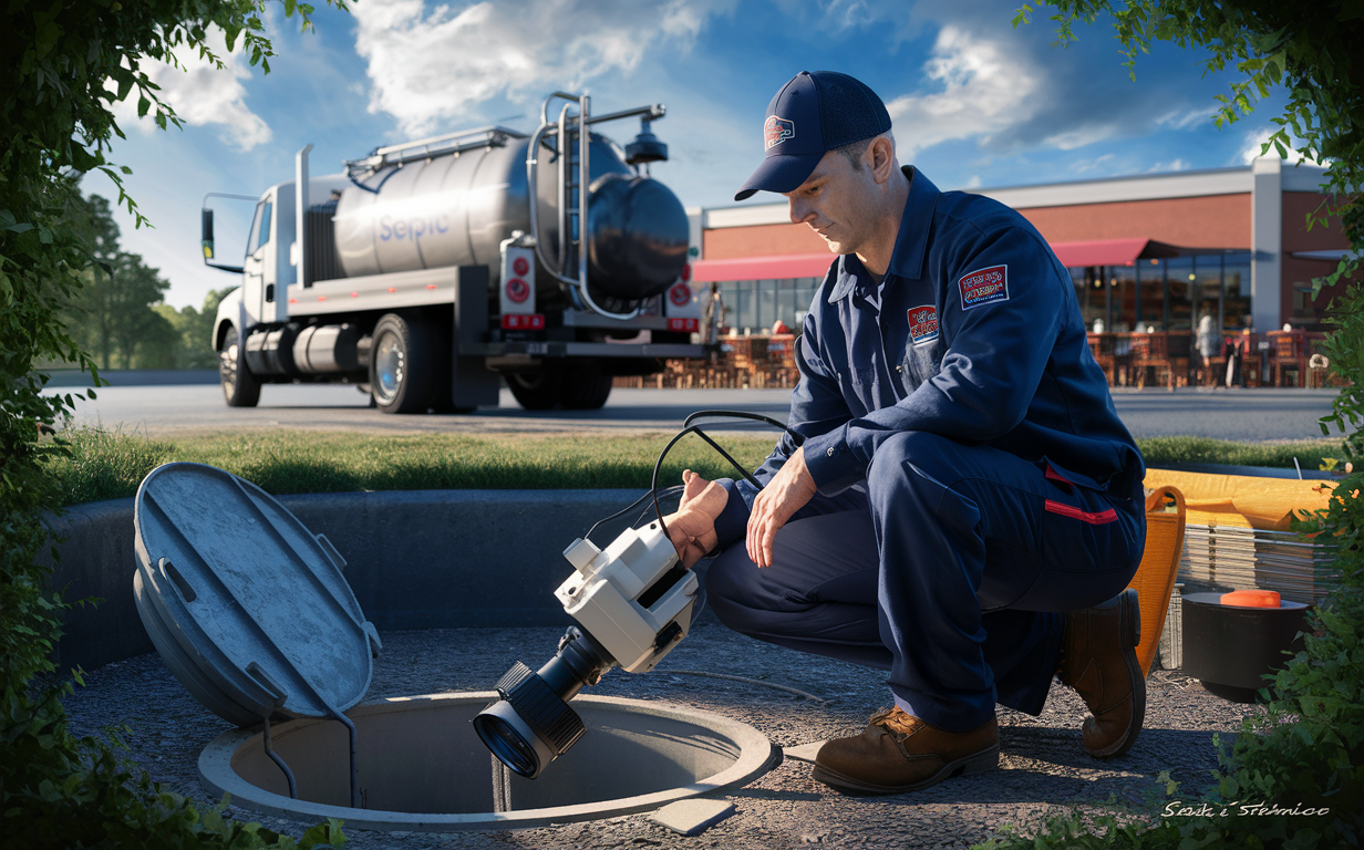 A technician in a uniform inspecting a septic tank while a commercial septic service truck is parked nearby. Dose pump repairs and replacement. Septic tank filter installation and cleaning guide. Learn how to maintain your septic system, prevent costly repairs, and ensure. Full septic system replacement