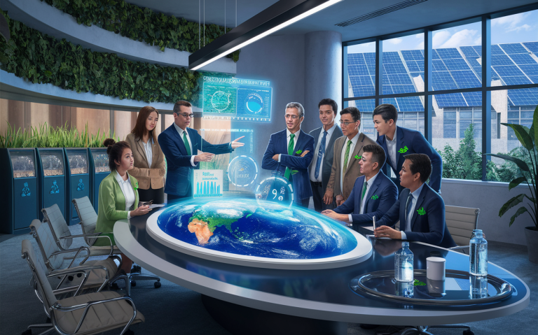 A group of business professionals gathered around a table with a holographic globe display, discussing environmental compliance strategies and data visualizations with solar panels visible through the windows. Environmental compliance for businesses