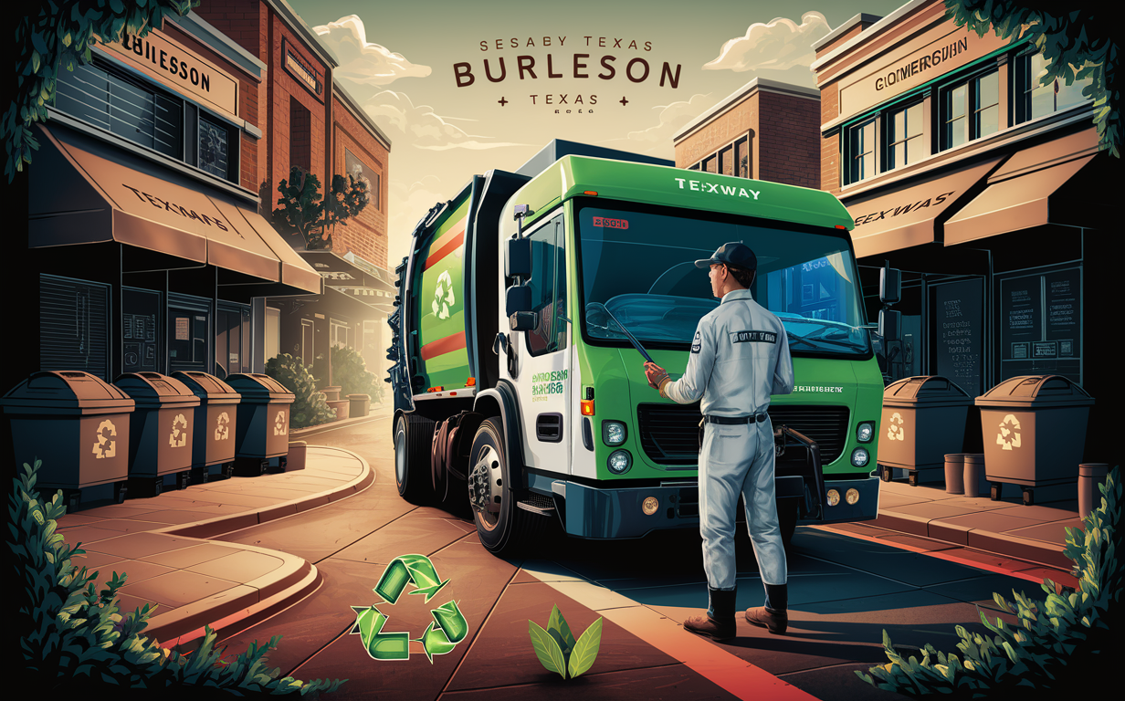 An illustration of a Texway waste management truck servicing commercial businesses in Burleson, Texas with recycling bins and a worker in uniform.