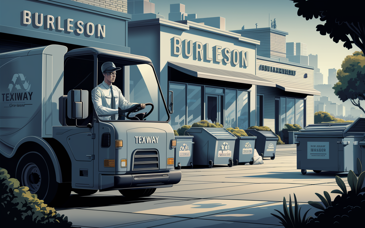 An illustration of a Texway garbage truck parked outside a Burleson waste management facility, with dumpsters lined up on the sidewalk. Burleson commercial waste solutions