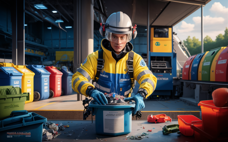 A worker in protective gear sorts and handles hazardous waste materials at a specialized waste management facility. Industrial wastewater management