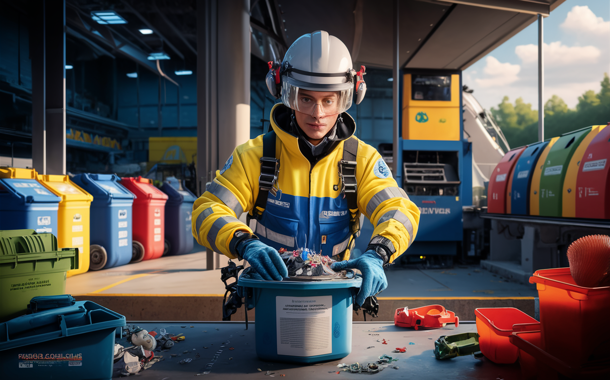 A waste management expert in protective gear carefully handles hazardous materials amidst color-coded recycling bins and equipment.