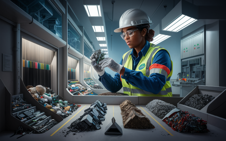 A female worker in protective gear inspects sorted materials at a specialized waste management facility, highlighting expertise in handling diverse waste streams. Specialized Waste Management