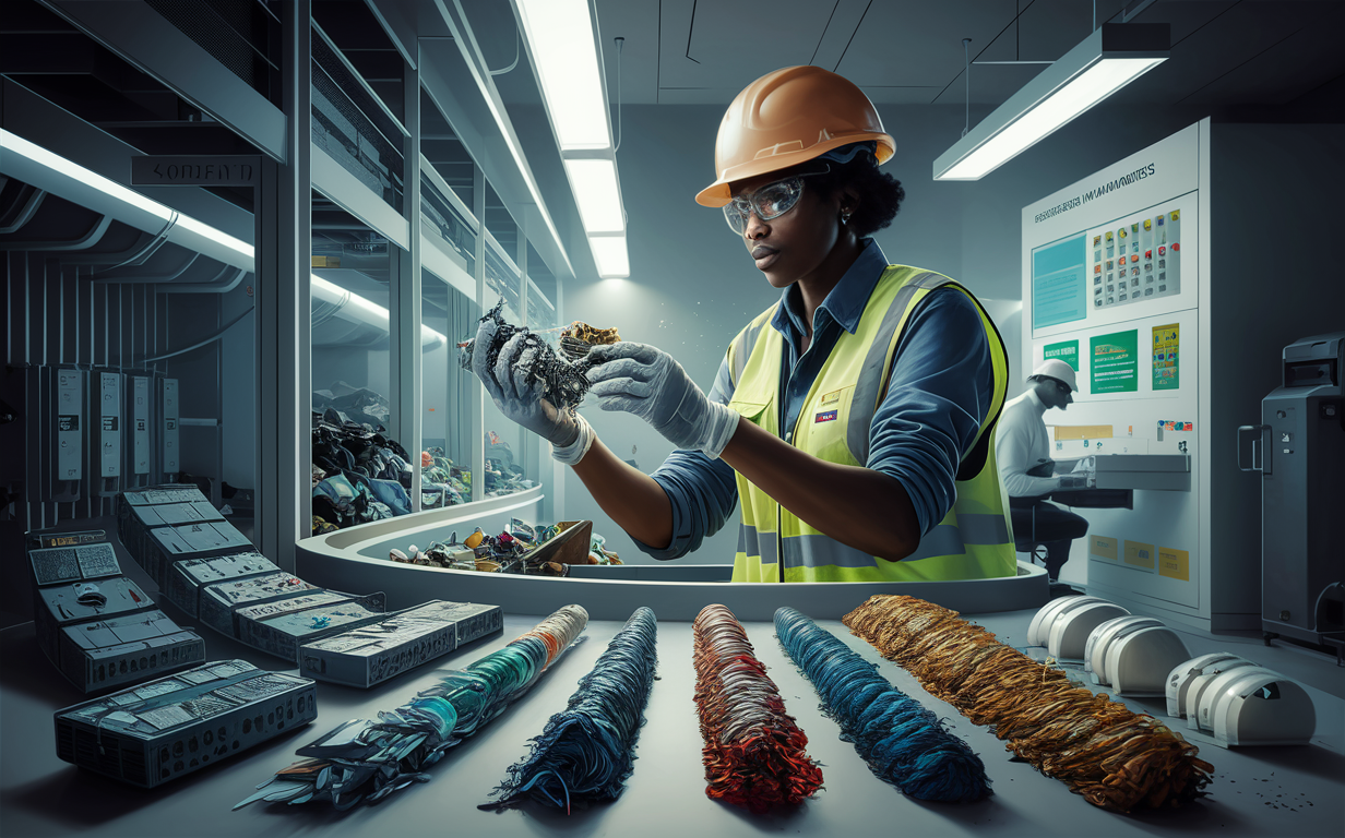 A female waste management professional in protective gear examines sorted materials at a specialized waste processing facility, surrounded by bins containing various types of discarded items.