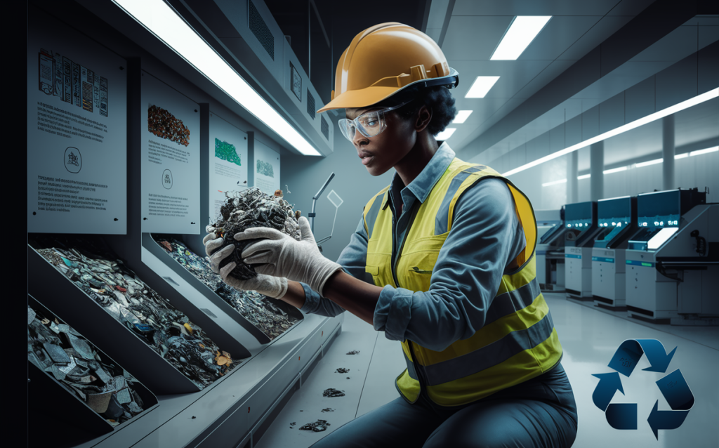 A worker wearing protective gear and a hard hat carefully examines recycled materials at a recycling facility, surrounded by posters explaining the recycling process and sorting bins. Industrial wastewater management