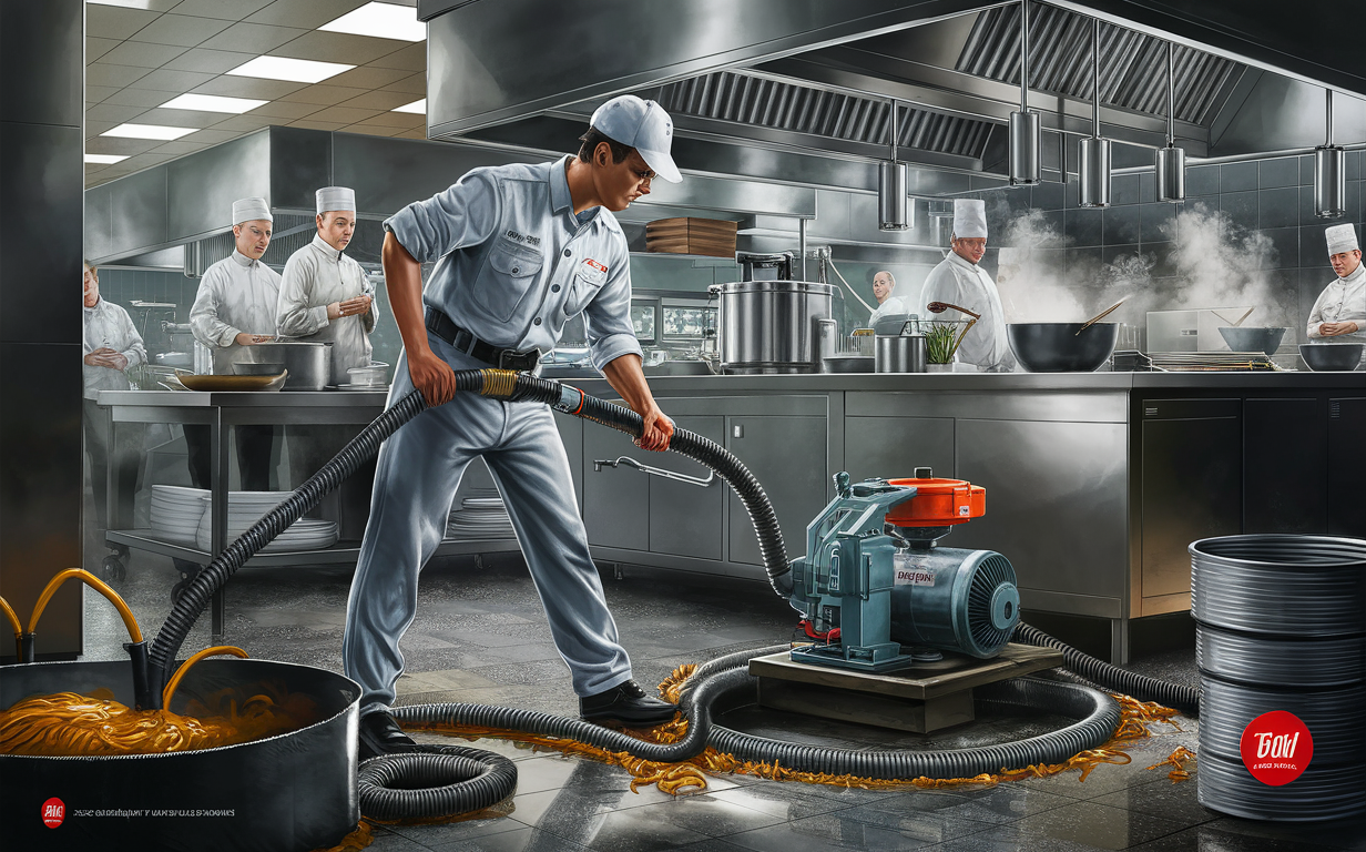 An illustration depicting the inner workings of a grease trap system in a commercial kitchen, showing workers monitoring and maintaining the equipment to ensure proper sanitation and plumbing operations.