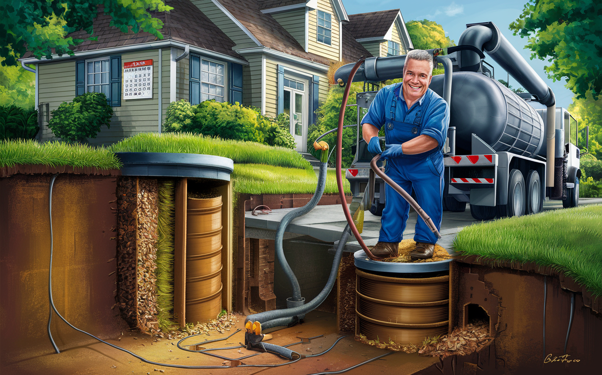 An illustration of a professional septic tank cleaning service worker operating a truck to pump out and maintain a residential septic system, with a calendar indicating regular scheduling.