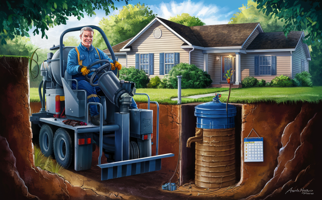 An illustration depicting a septic tank cleaning service truck at a residential property, with a worker operating the suction hose to clean out the septic tank, showing the recommended frequency to avoid costly repairs to the home's septic system.