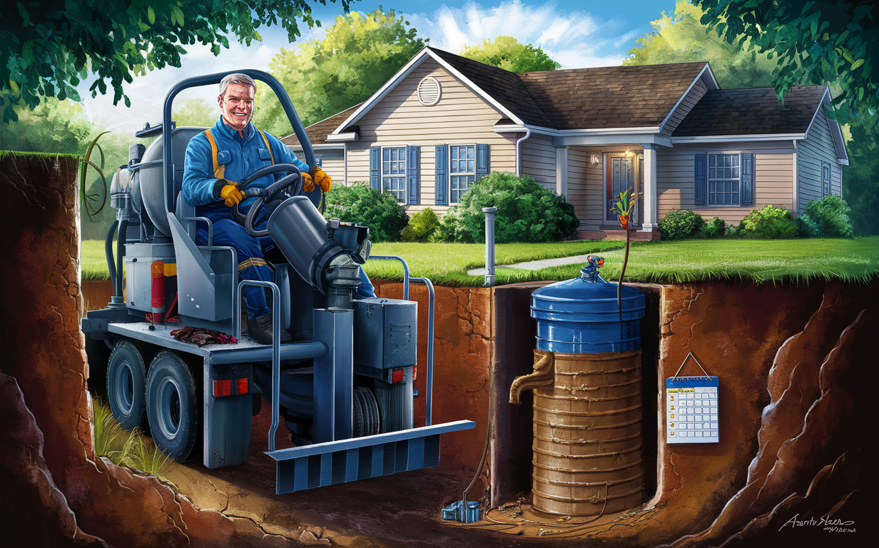 An illustration depicting a septic tank cleaning service truck parked in front of a residential home, with a worker operating the equipment to clean and maintain the septic tank system.