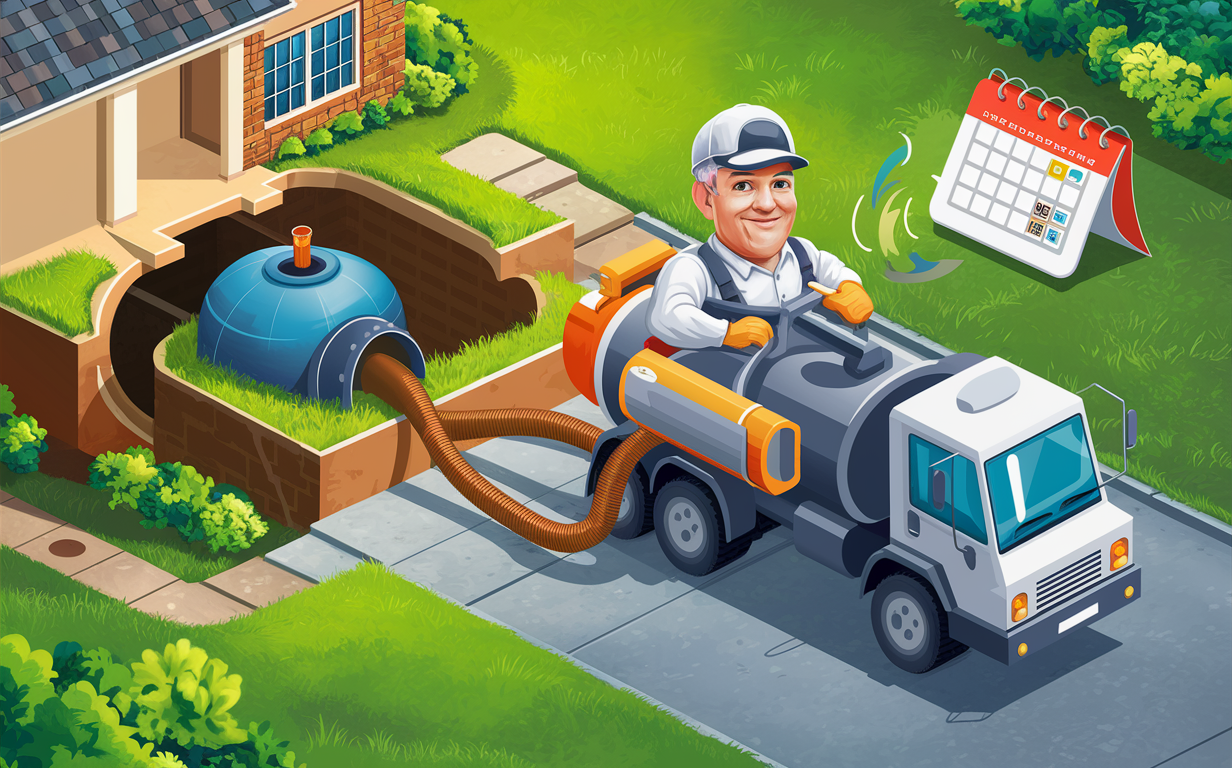 An illustration showing a septic tank cleaning truck servicing a residential home's underground septic system, with a friendly service worker operating the truck and hose to maintain the septic tank.