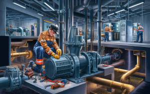 Industrial workers performing maintenance on large pumps and machinery in a lift station facility