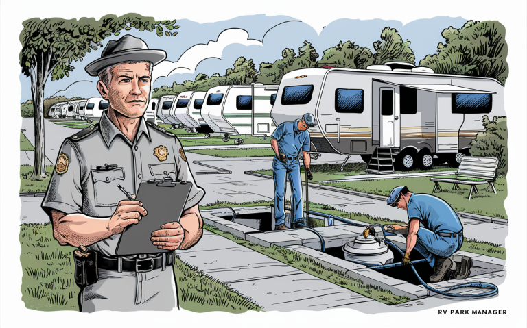 An illustration depicting an RV park manager monitoring workers performing septic system maintenance tasks at an RV campground with multiple recreational vehicles parked.