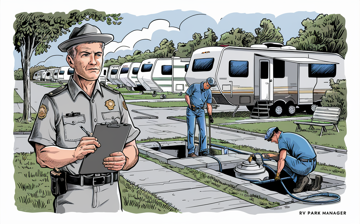 An illustration depicting an RV park manager monitoring workers performing septic system maintenance tasks at an RV campground with multiple recreational vehicles parked. Scheduled maintenance programs