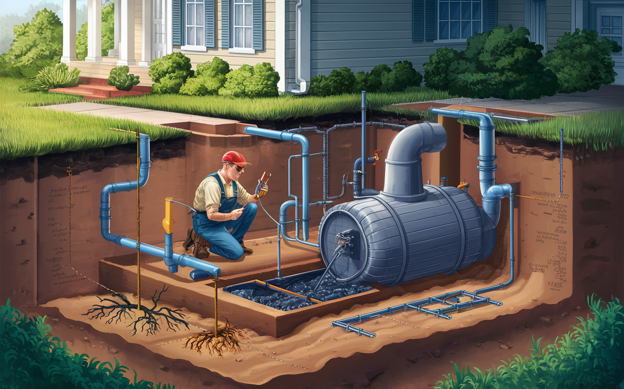 A technician wearing a blue uniform with the company logo 'Safeguard' inspects and takes notes on a residential septic system, with necessary equipment and tools laid out on the lawn near a modern house.