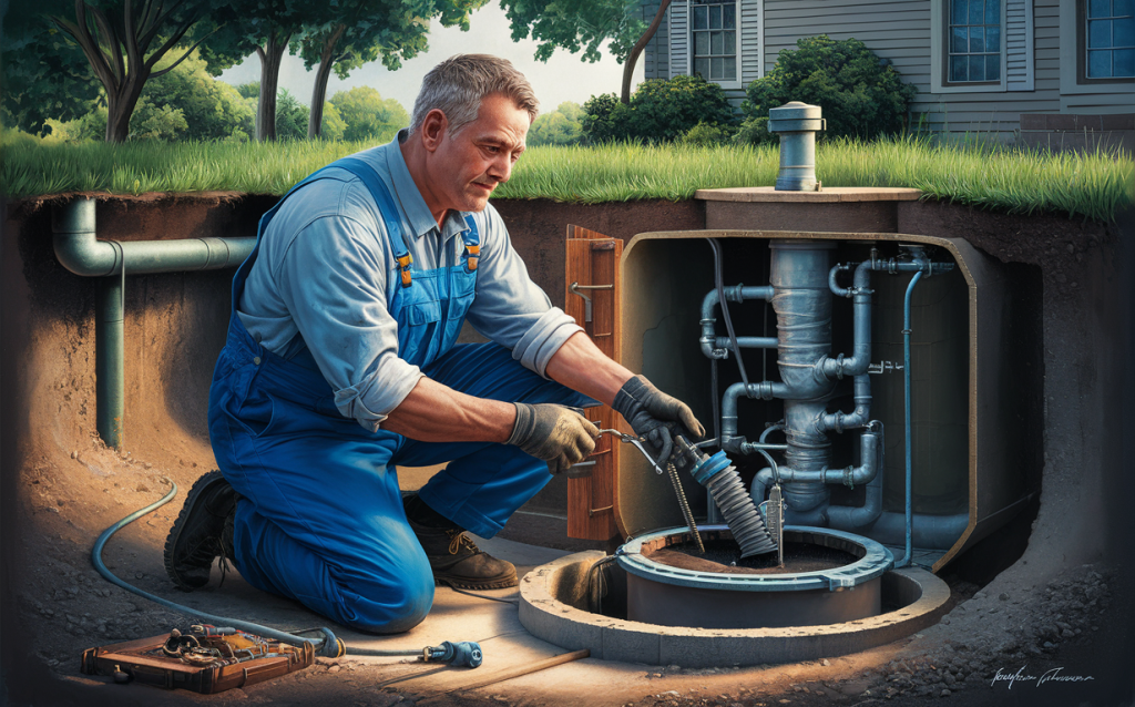 An experienced technician in a blue jumpsuit is repairing and troubleshooting a septic system tank, surrounded by tools and pipes in a residential backyard setting.