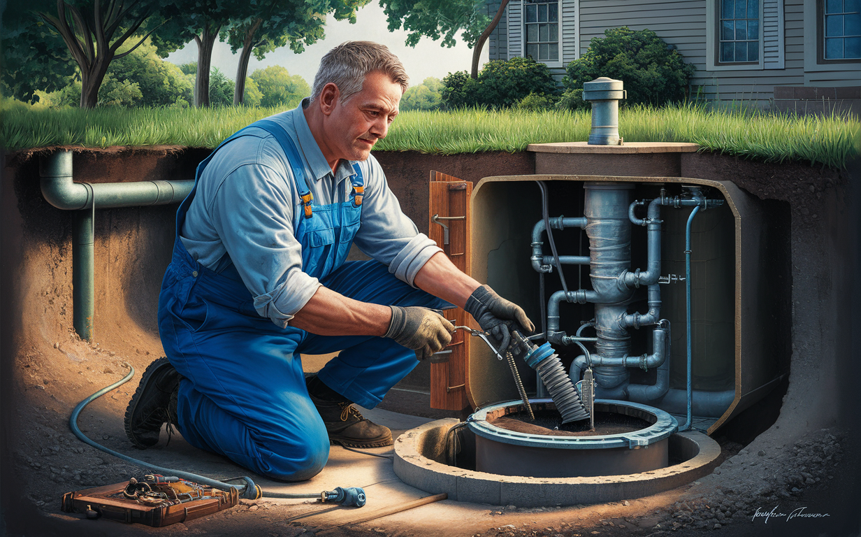 An experienced technician in a blue jumpsuit working on repairing or maintaining a residential septic system, surrounded by tools and pipes in a backyard setting.