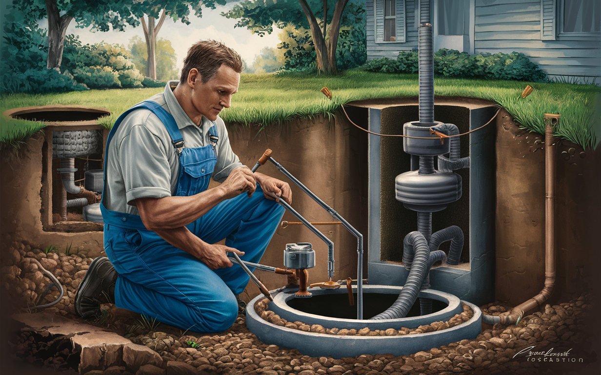 An illustration showing the components of a residential septic system and a worker performing maintenance and repair tasks, including inspecting the septic tank, distribution box, and drain field.