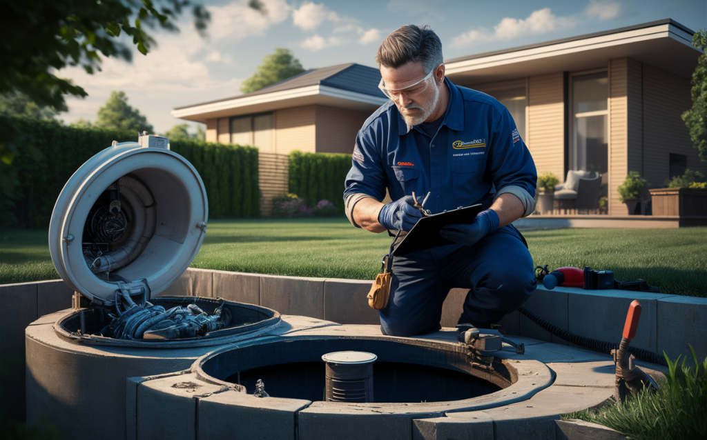 A technician in uniform inspecting and servicing a residential septic system in the backyard. Septic system inspections and evaluations