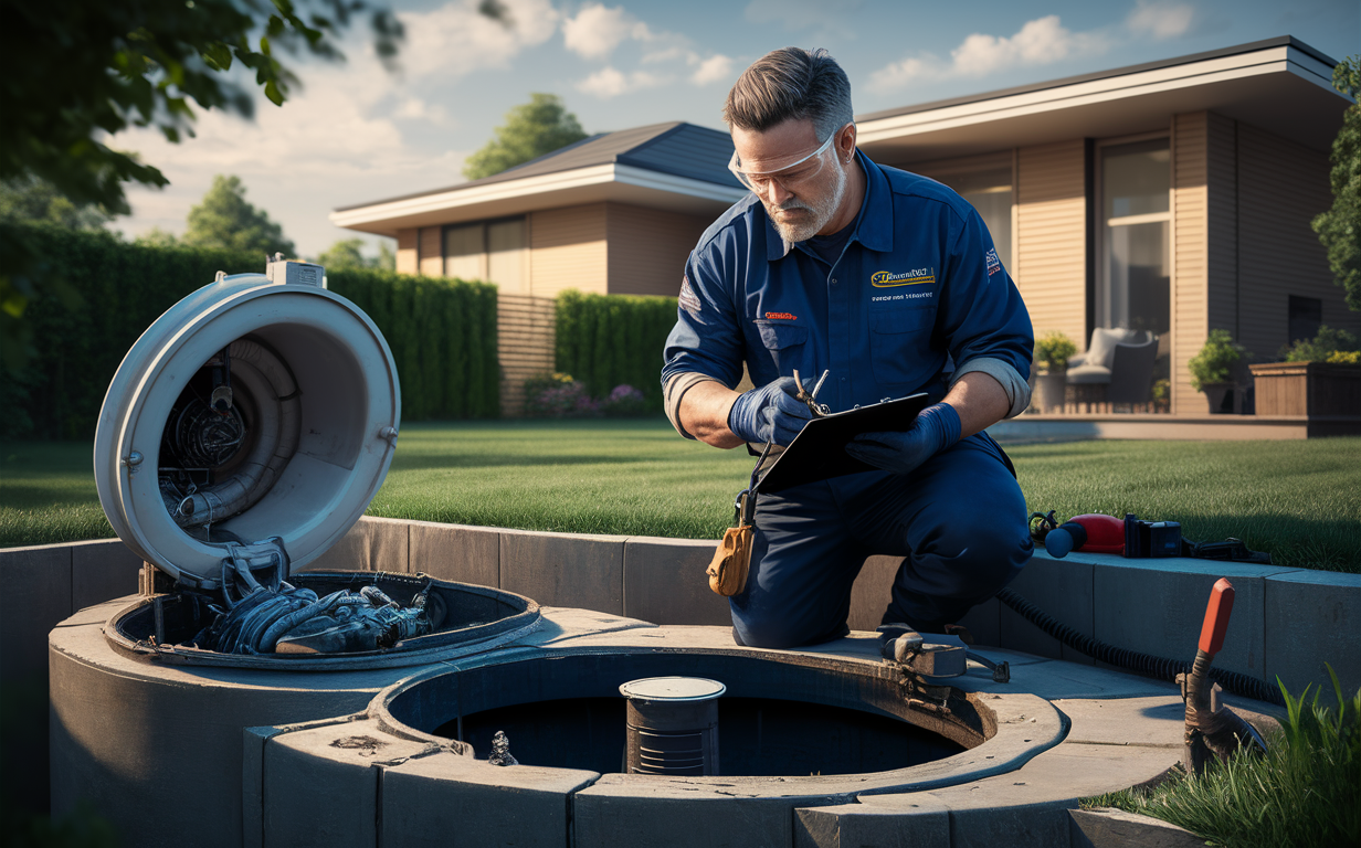 A technician wearing protective gear and uniform is inspecting a septic tank system, taking notes on a clipboard while kneeling next to an open septic tank lid and equipment in a grassy outdoor area.