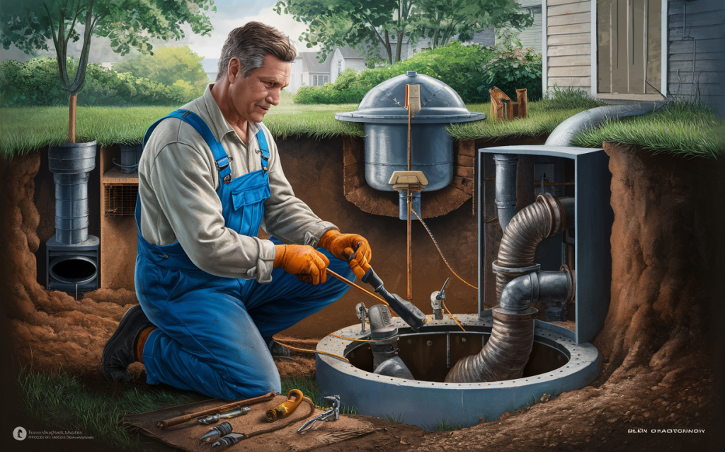 An experienced technician in overalls is repairing an underground septic system in a residential backyard, with various septic tank components and tools visible.