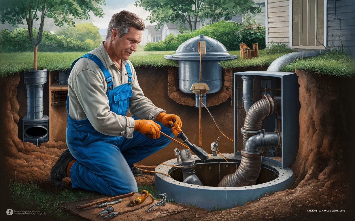 A skilled worker repairing and maintaining a residential septic system, crouching near an open septic tank and using tools to inspect and service the plumbing components.