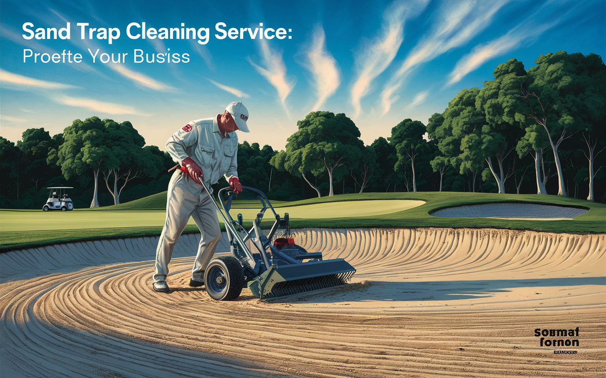 A worker using a specialized machine to rake and groom the sand trap on a golf course, surrounded by trees and a scenic landscape.