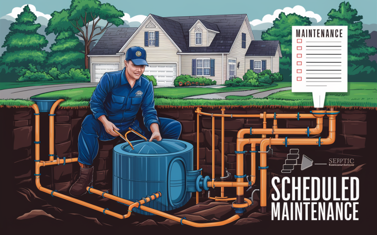 An illustration depicting a worker performing scheduled maintenance on a residential septic system, with a checklist for maintenance tasks and the house in the background.