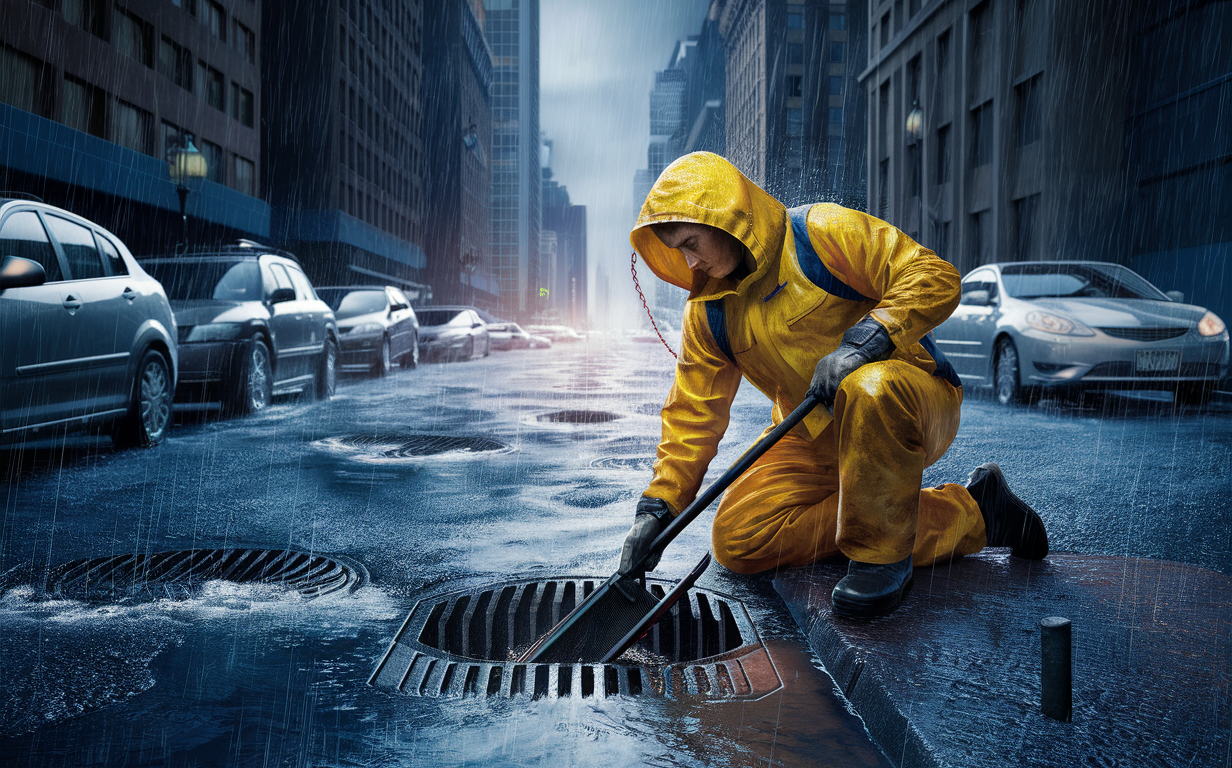 A municipal worker in an orange safety vest is using a vacuum hose to clear debris from a stormwater drainage system during a heavy rainstorm, while a vacuum truck assists in the cleaning process on a city street lined with trees.