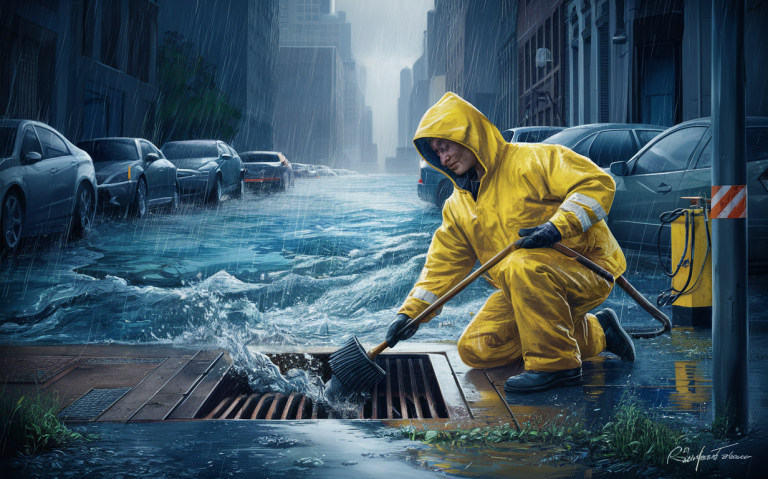 A worker in a yellow raincoat clearing a clogged storm drain in a flooded city street during a torrential downpour. Stormwater system cleaning