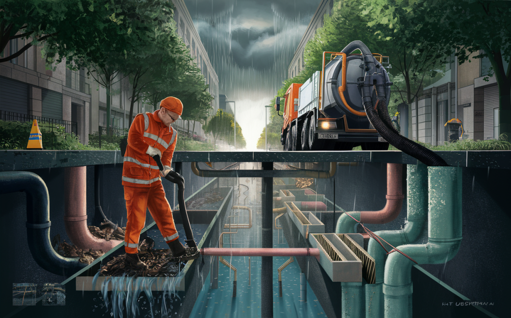 A municipal worker in an orange safety vest uses a vacuum hose to clean out a section of a stormwater drainage system on a city street during a torrential rainstorm, with a vacuum truck parked nearby to collect the debris.