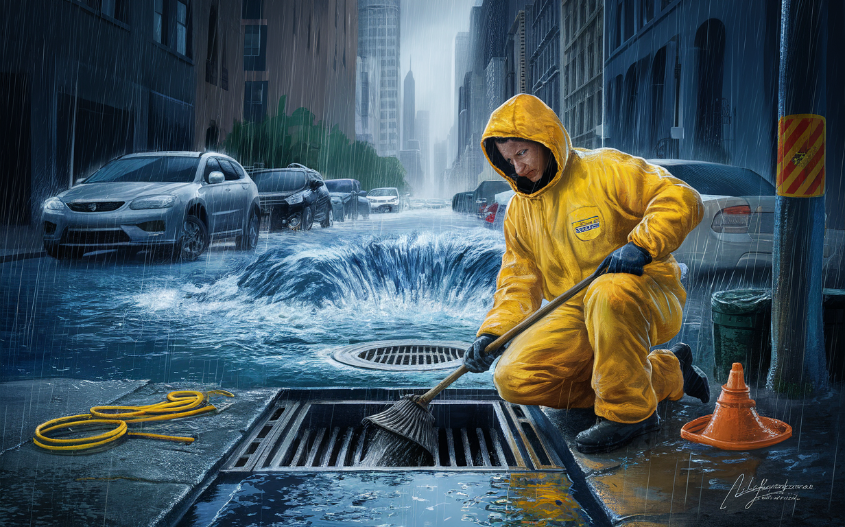 A worker in a yellow rain suit crouches on a city street during a heavy rainstorm, using a tool to clear debris from a storm drain grate to prevent flooding