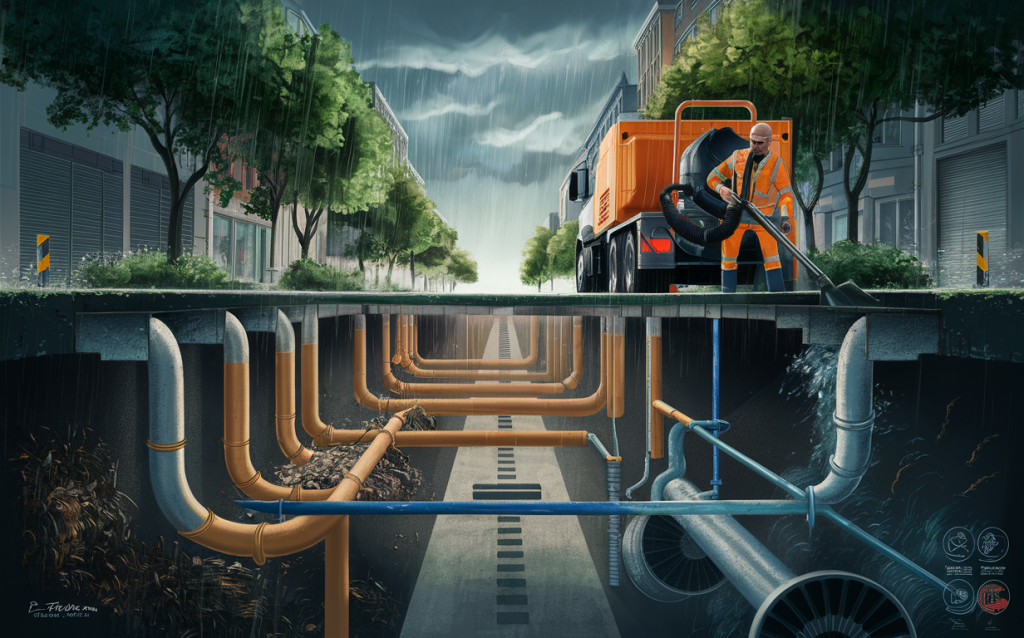 An illustration of a worker in an orange safety vest and hard hat using a pressure washer to clean out a large underground stormwater drainage system during a heavy rainstorm, with the city buildings and trees visible in the background.