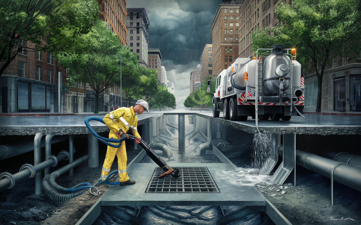 An illustration depicting stormwater system cleaning operations to prevent flooding, with a worker using a high-pressure hose to clear debris from a drainage system amid heavy rain and cars driving through flooded streets.