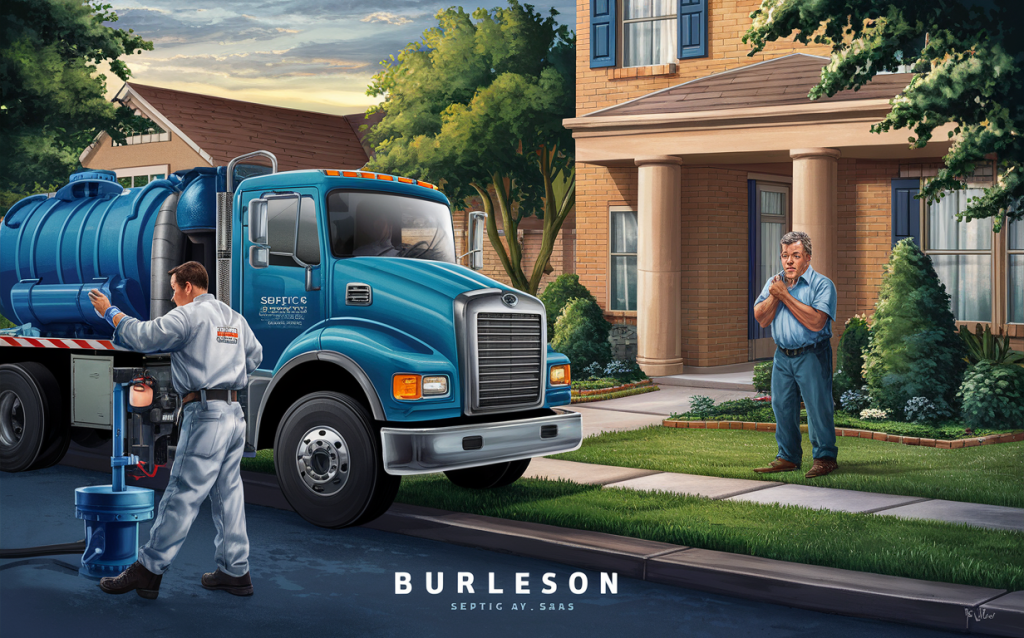 An image depicting a septic service truck and workers providing emergency septic pumping at a residential property, showcasing prompt and reliable service.