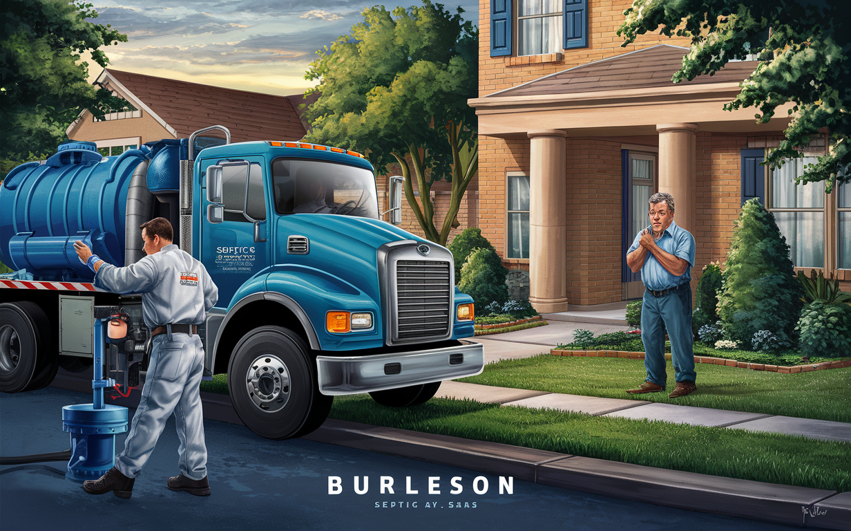 An illustration of a septic pumping truck and worker providing emergency septic services in Burleson, Texas