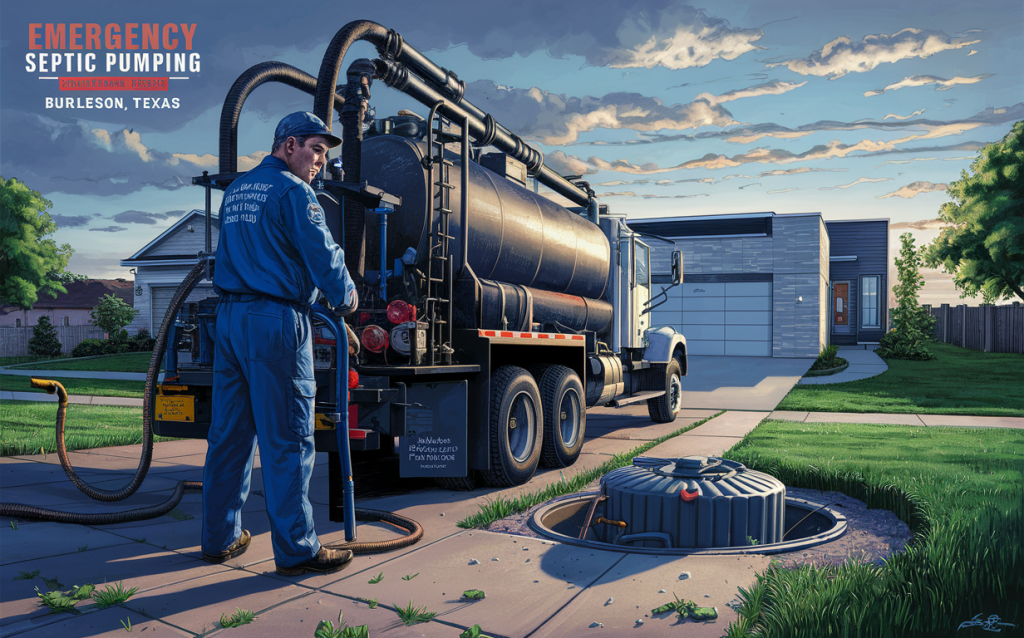 A septic service worker operating a large tanker truck to pump out a residential septic system, with a suburban home and open sky in the background.