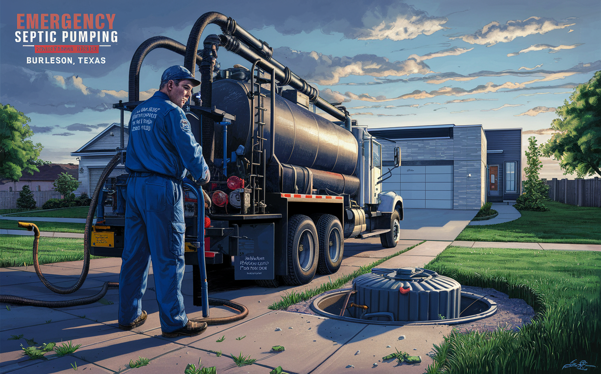 A septic service truck parked on a residential street, with a worker in uniform operating the pumping equipment while a homeowner looks on from the front yard of a suburban house.