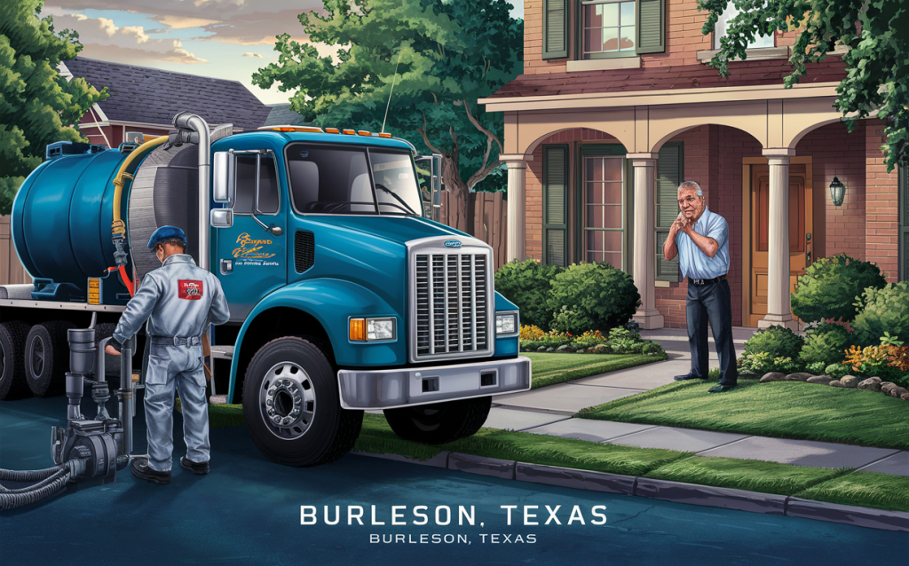 A septic pumping truck servicing a residential home in Burleson, Texas, with a worker operating the hose and a homeowner watching. Emergency Septic Pumping in Burleson