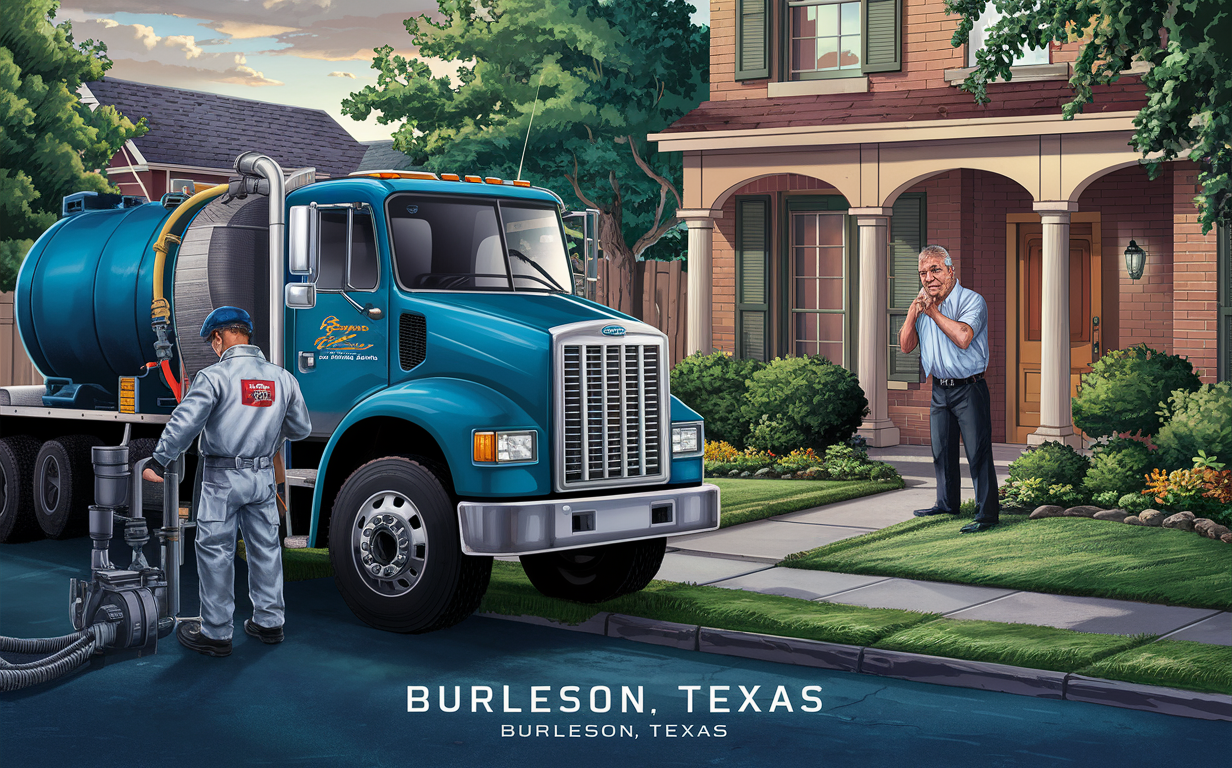 A septic service worker in uniform operates a large truck with a tank and hoses to pump out a residential septic system in a suburban neighborhood setting.