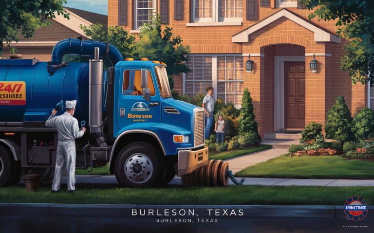 A septic service truck attending to a residential property, with a worker handling the hose while a man and child watch from the front yard of their suburban home surrounded by trees and landscaping. Emergency septic pumping in Burleson